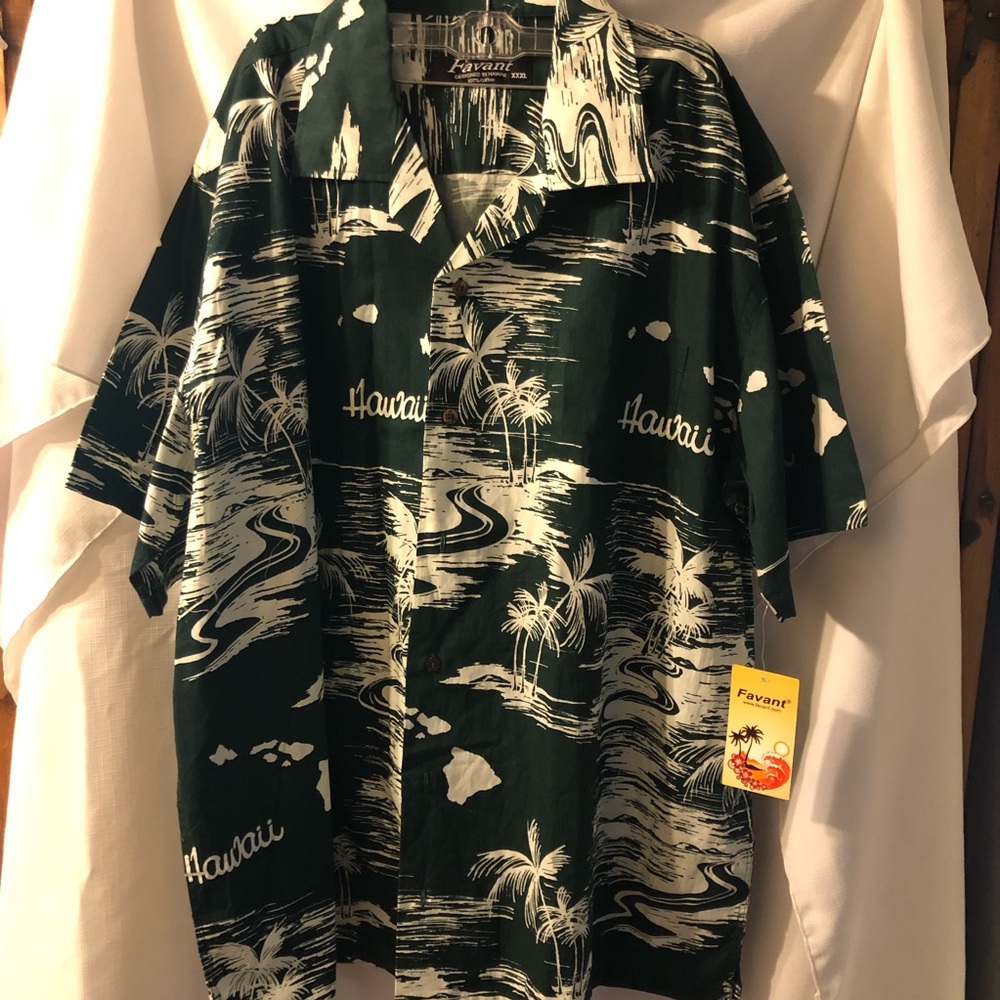 NWT Favant 3XL Hawaiian Palm Tree Island Coconut Buttons 100% Cotton Gre…